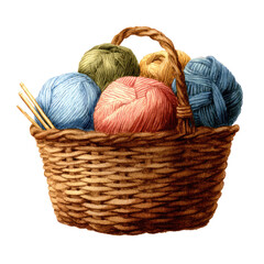 Watercolor Basket with Yarn for Knitting &mdash; Craft Clipart Illustration on Transparent Background


