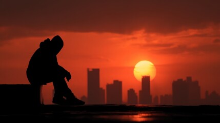 Silhouette of a person sitting against a cityscape with a sunset.