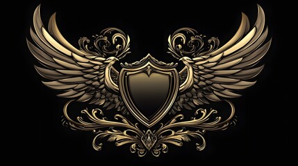 Obraz premium Digital illustration of ornate, golden wings framing a heart-shaped shield with two feathered heraldic birds.