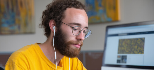 Professor reviewing a student's digital art project in creative classroom setting