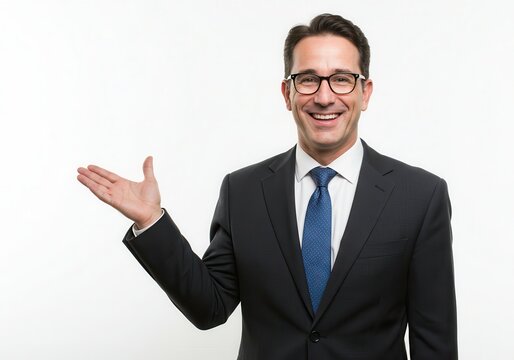 Smiling businessman in suit presents with open hand gesture against a white background