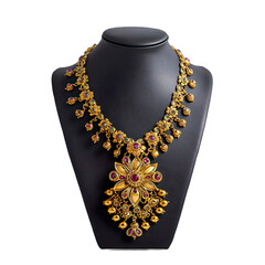3d render of traditional gold necklace, floral kundan pendant, heritage-inspired design, black leather mannequin stand isolated on transparent background