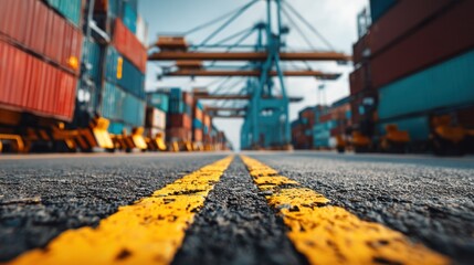 Shipping containers and cranes at a port with yellow lines on pavement.