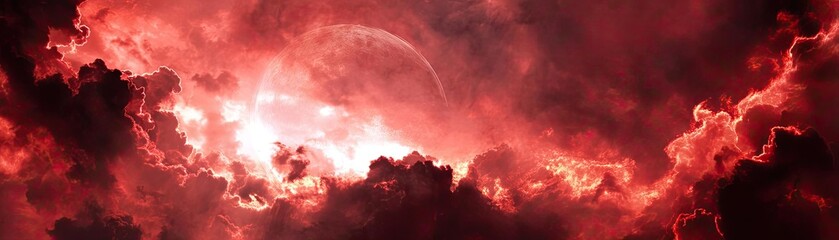 Obraz premium Red moon behind black clouds with fire and mystical smoke concept. A dramatic sky filled with red clouds and an ethereal glow.