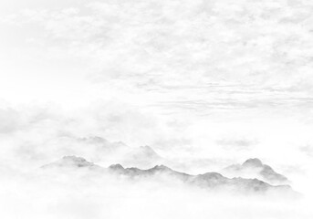 수묵화 기법으로 그린 풍경 산수화 손그림 일러스트.