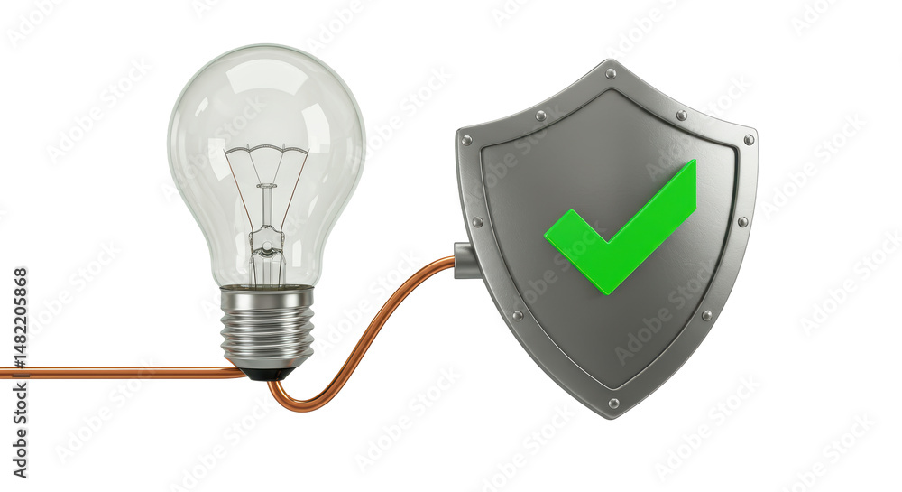 Poster isolated lit lightbulb connected to shield with checkmark