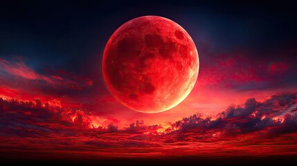 Red moon behind black clouds with mystical fire and burn concept. A stunning view of a bright red moon illuminating the night sky.