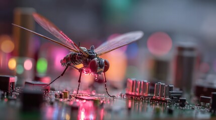 High-tech fantasy drone scanning a terrain made of intricate microchips and circuitry, metallic textures, cyberpunk color tones, cinematic 