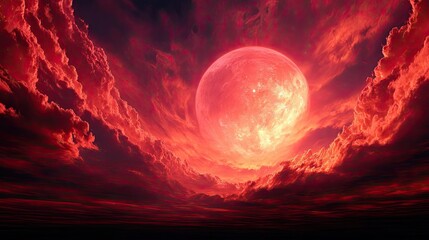 Red moon behind black clouds with mystical fire and burn concept. A breathtaking view of a red moon illuminating the dramatic clouds.