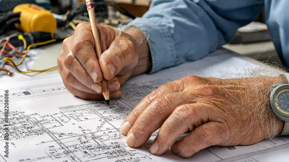 Poster elderly engineer reviews detailed engineering plans while working in the workshop during afternoon h