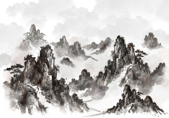 수묵화 기법으로 그린 풍경 산수화 손그림 일러스트.