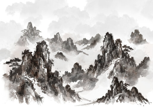 수묵화 기법으로 그린 풍경 산수화 손그림 일러스트.