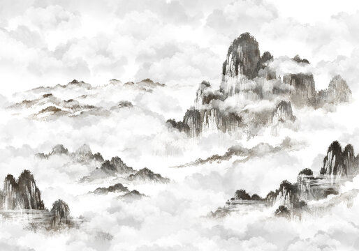 수묵화 기법으로 그린 풍경 산수화 손그림 일러스트.