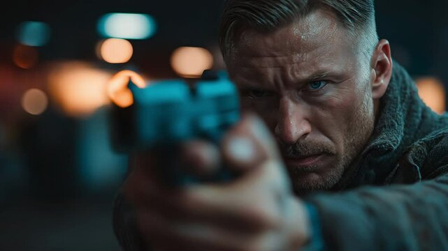 A portrait of a man having fun while practicing at a shooting range and learning the correct way to wield a weapon.