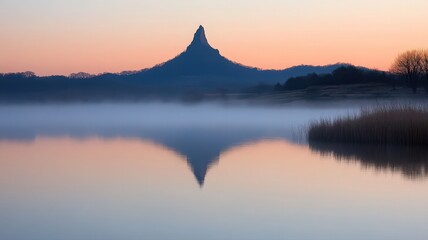 Fototapeta premium A Calm Lake Reflecting the Silhouette of a Lone Mountain at Dawn Surrounded by Mist