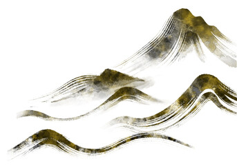 수묵화 기법으로 그린 풍경 산수화 손그림 일러스트.