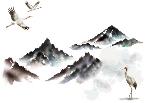 수묵화 기법으로 그린 풍경 산수화 손그림 일러스트.