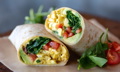 breakfast burrito cut in half showing avocado, eggs, tomato, beans, and spinach, Generative AI