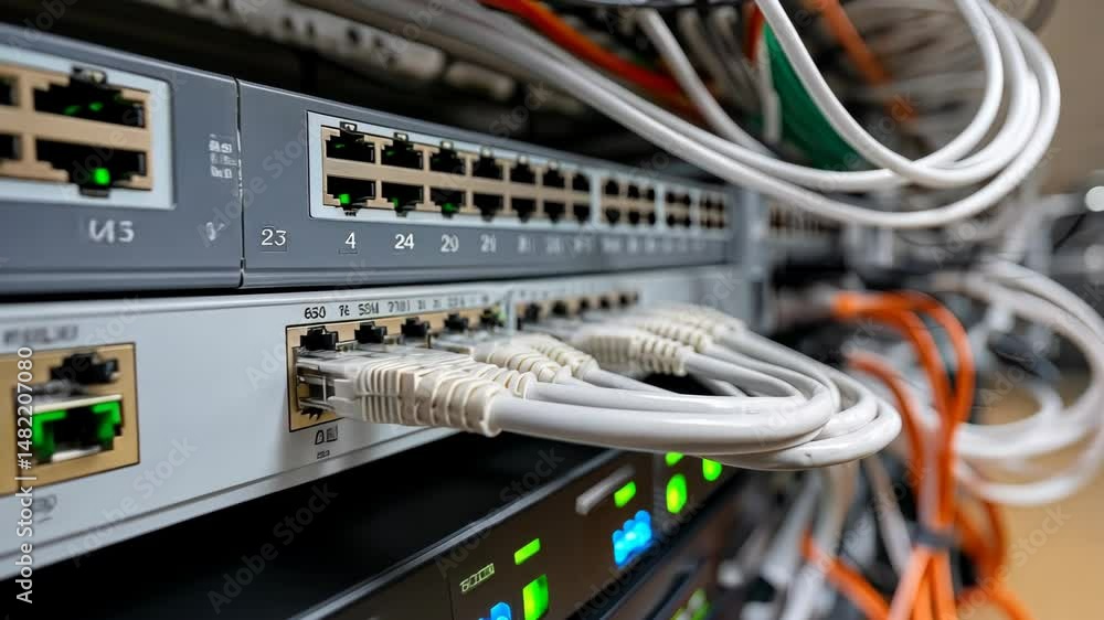 Poster network connections and cable management in a modern server room showcasing the intricate setup for 
