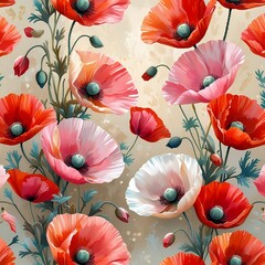 seamless pattern of blooming red and pink poppy flowers with artistic background generative ai