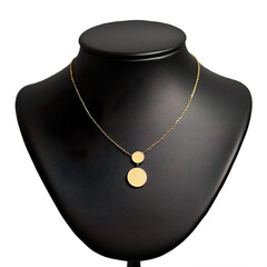 Double-layer gold necklace, coin pendants, minimalist modern look, black leather mannequin stand isolated on transparent background