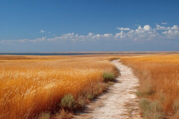 Fototapeta premium Vast golden field with a winding dirt path under a clear blue sky.