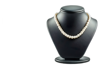 Elegant gold necklace, delicate pearl pendant, jewelry display bust wit stand, black leather stand isolated on transparent background