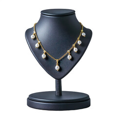 Elegant gold necklace, delicate pearl pendant, jewelry display bust wit stand, black leather stand, fine jewelry, luxury accessory isolated on transparent background