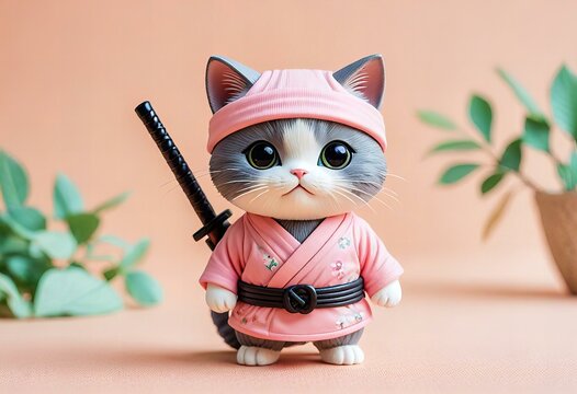Cute ninja cat character design in minimalist chibi style, simple background
