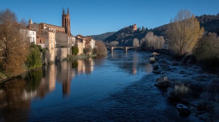 Fototapeta premium River flows through a town with buildings and trees under a blue sky.