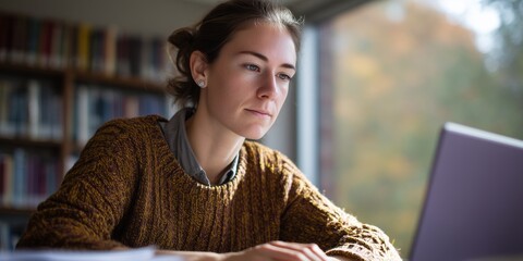 Student engaged in research using digital tools in a library setting