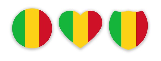 Mali national flag in a shape of circle, heart and shield isolated on white. Illustration