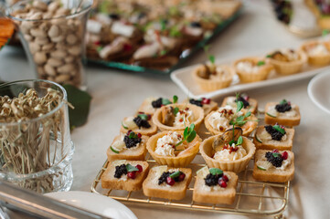 Wedding day. Buffet table with various types of snacks and sweets in the celebration hall