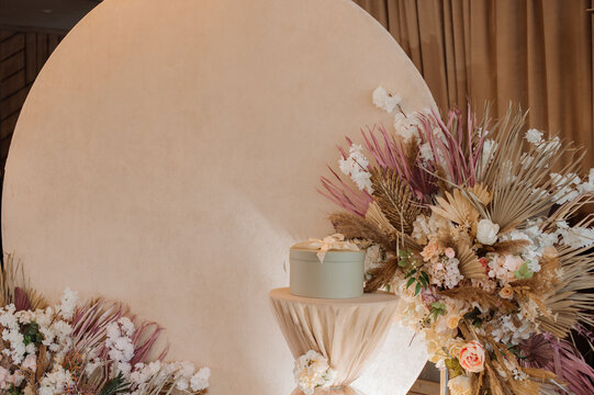 Beautifully decorated wedding photo area for ceremonies in the celebration hall