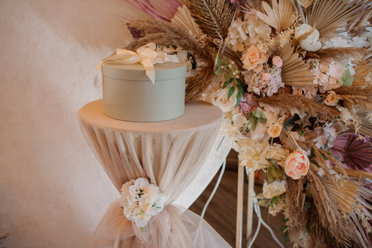 Beautifully decorated wedding photo area for ceremonies in the celebration hall
