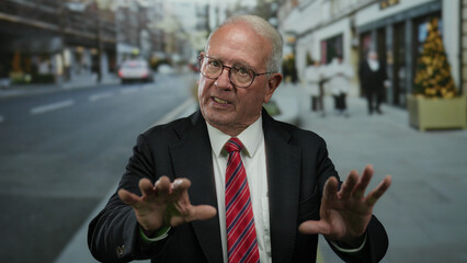 Senior man in suit gestures calmly on a busy street, suggesting business context and thoughtful...
