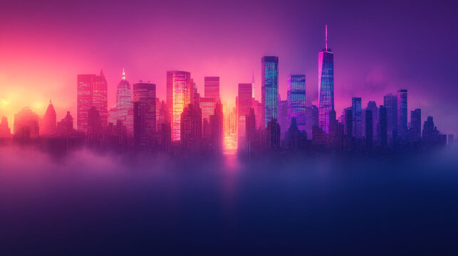 New York City skyline at sunrise, bathed in vibrant, neon colors, with a misty, surreal atmosphere.