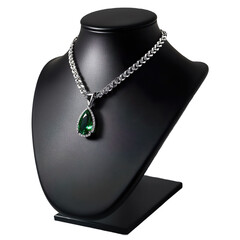 Minimalist platinum necklace, single emerald pendant, sleek design, black leather mannequin stand isolated on transparent background