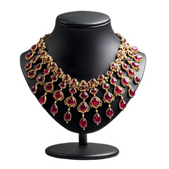 Ruby-studded necklace, ornate gold setting, regal design, black leather mannequin stand isolated on transparent background