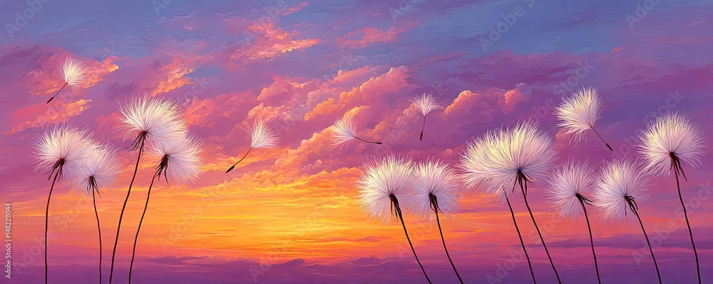 Poster blowing in the wind with torn leaves across cloudy sky concept. dandelions blowing in the wind at su