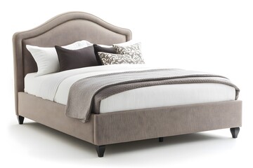 Gray fabric bed with white and grey bed linen. Interior design concept. Isolated object on white background.