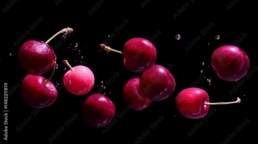 Poster fresh cherries splashing through water droplets in dark setting create a vibrant display of nature's