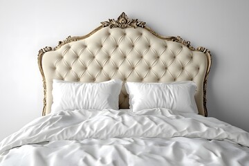 Beige royal bed with white bed linen. Interior design concept. Isolated object on white background.