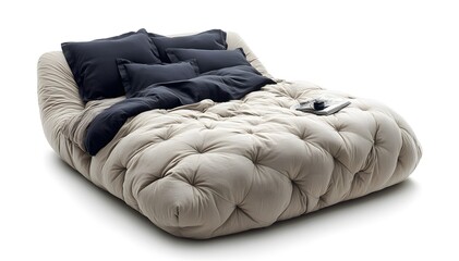 Obraz premium Gray soft bed with white and blue bed linen. Interior design concept. Isolated object on white background.