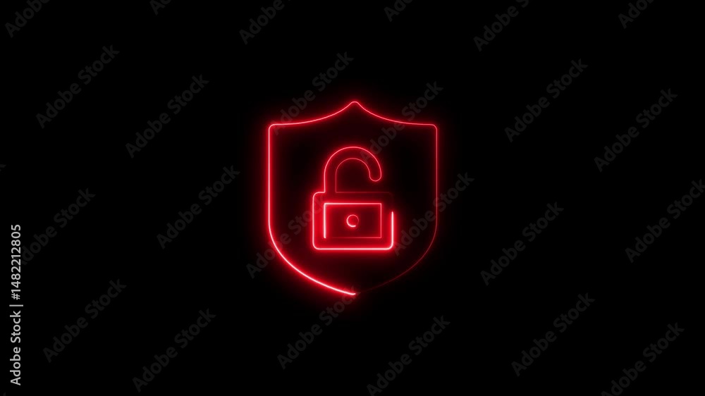 Poster glowing red neon shield with open lock representing digital cybersecurity