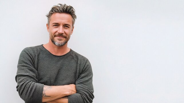 Casual Man Leaning Against Wall with Hands Folded and Satisfied Look