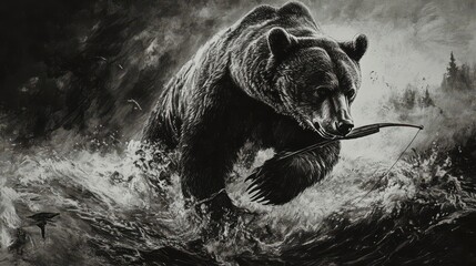 A powerful grizzly bear emerges from turbulent water, holding a bow and arrow, amidst a dramatic, dark monochrome landscape.