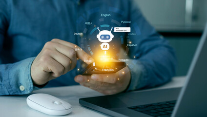Text translation using AI bot.Translator language course and education.Translate languages technology concept.Artificial intelligence traslator technology.	