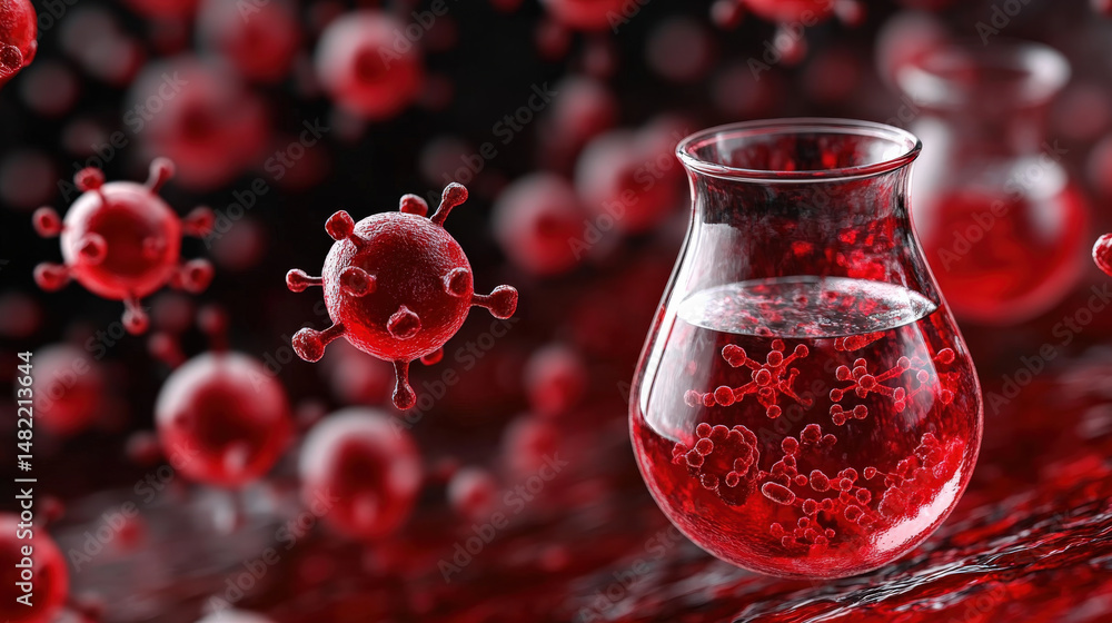 Leinwandbilder Glass container filled with red liquid and virus like particles floating around symbolizes scientific research in virology and biotechnology. image conveys sense of innovation and discovery
