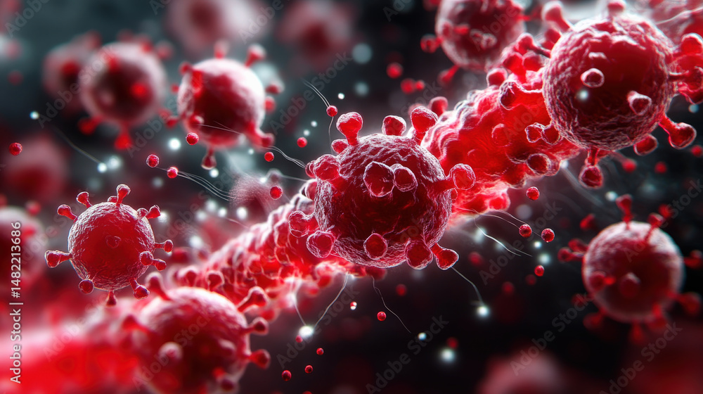Aufkleber Close up view of red virus particles, showcasing their spiky surface and intricate details, floating in dark environment. image highlights complexity and microscopic nature of viruses